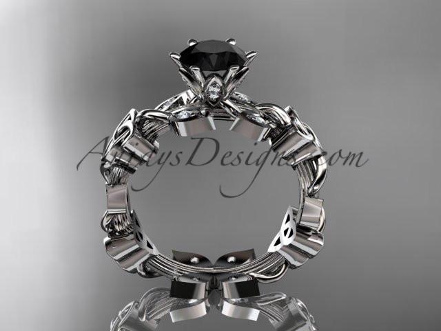 platinum diamond celtic trinity knot wedding ring, engagement ring with a Black Diamond center stone CT7209 - AnjaysDesigns