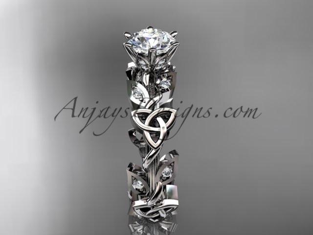 14kt white gold diamond celtic trinity knot wedding ring, engagement ring with a "Forever One" Moissanite center stone CT7209 - AnjaysDesigns