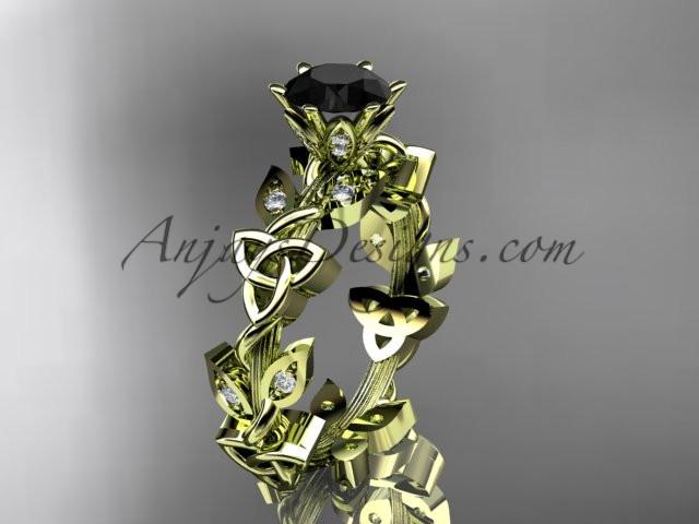 14kt yellow gold diamond celtic trinity knot wedding ring, engagement ring with a Black Diamond center stone CT7209 - AnjaysDesigns