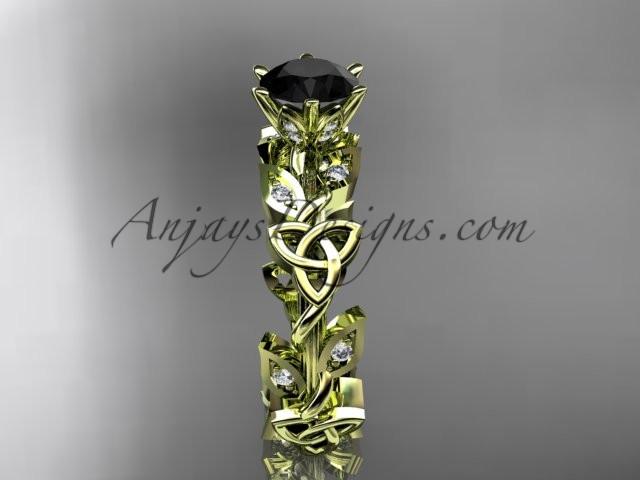 14kt yellow gold diamond celtic trinity knot wedding ring, engagement ring with a Black Diamond center stone CT7209 - AnjaysDesigns