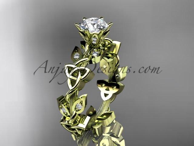 14kt yellow gold diamond celtic trinity knot wedding ring, engagement ring with a "Forever One" Moissanite center stone CT7209 - AnjaysDesigns