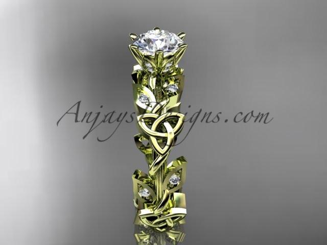 14kt yellow gold diamond celtic trinity knot wedding ring, engagement ring with a "Forever One" Moissanite center stone CT7209 - AnjaysDesigns