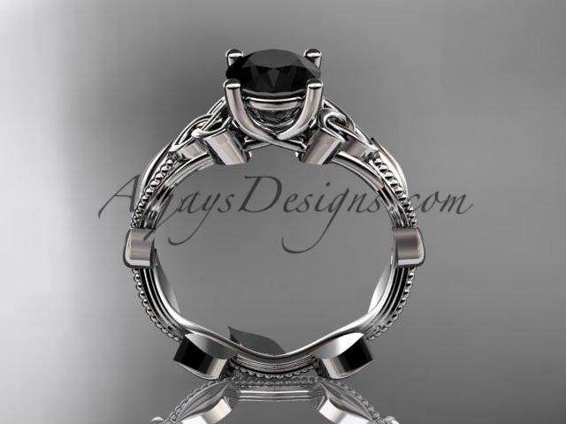 platinum celtic trinity knot wedding ring, engagement ring with a Black Diamond center stone CT7238 - AnjaysDesigns