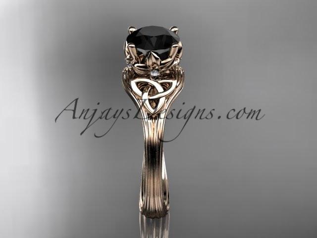 14kt rose gold diamond celtic trinity knot wedding ring, engagement ring with a Black Diamond center stone CT7240 - AnjaysDesigns