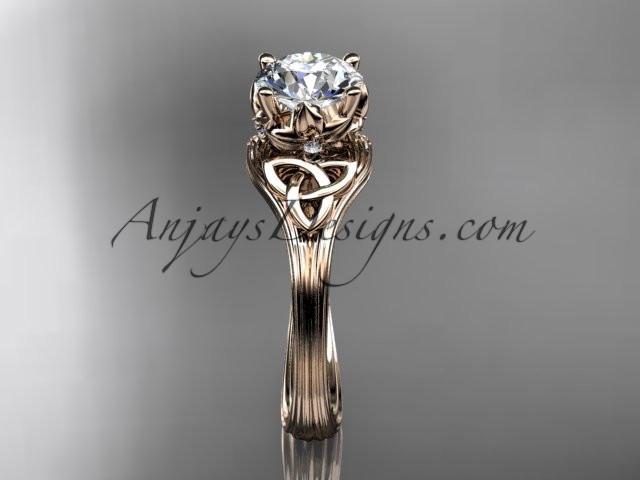 14kt rose gold diamond celtic trinity knot wedding ring, engagement ring with a "Forever One" Moissanite center stone CT7240 - AnjaysDesigns