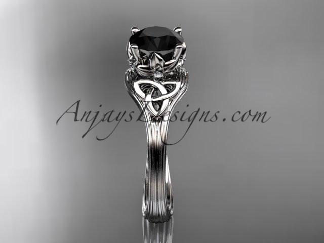 14kt white gold diamond celtic trinity knot wedding ring, engagement ring with a Black Diamond center stone CT7240 - AnjaysDesigns