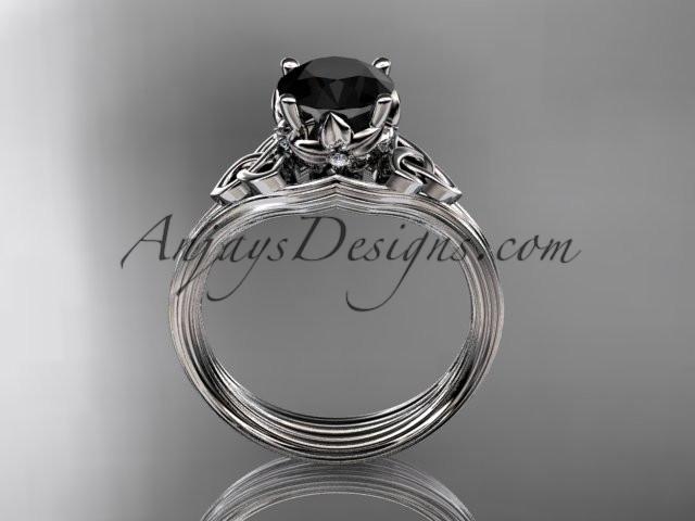 14kt white gold diamond celtic trinity knot wedding ring, engagement ring with a Black Diamond center stone CT7240 - AnjaysDesigns