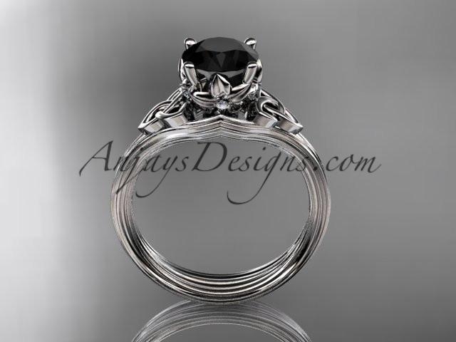platinum diamond celtic trinity knot wedding ring, engagement ring with a Black Diamond center stone CT7240 - AnjaysDesigns