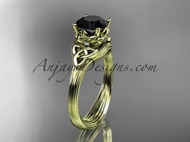 14kt yellow gold diamond celtic trinity knot wedding ring, engagement ring with a Black Diamond center stone CT7240 - AnjaysDesigns