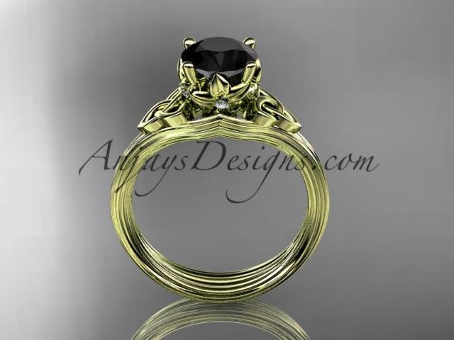 14kt yellow gold diamond celtic trinity knot wedding ring, engagement ring with a Black Diamond center stone CT7240 - AnjaysDesigns