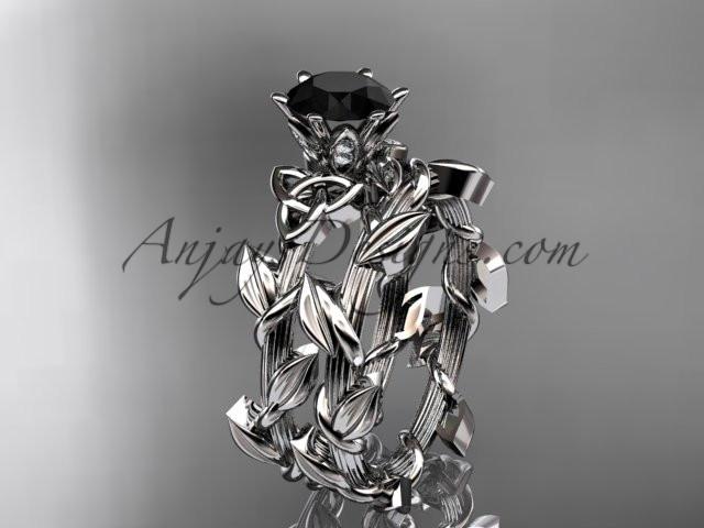 platinum diamond celtic trinity knot wedding ring, engagement ring with a Black Diamond center stone CT7248S - AnjaysDesigns