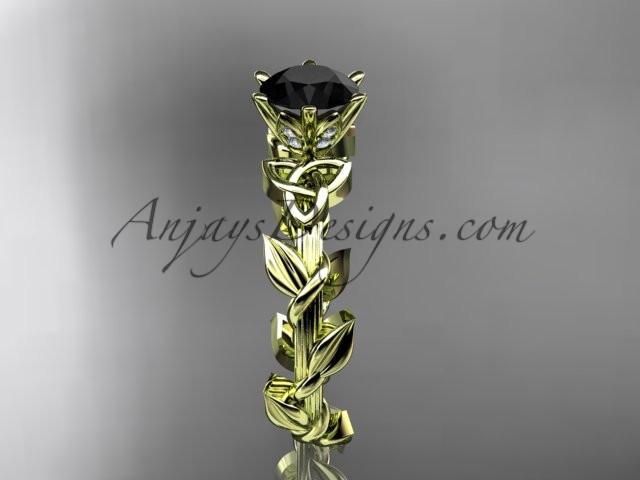 14kt yellow gold diamond celtic trinity knot wedding ring, engagement ring with a Black Diamond center stone CT7248 - AnjaysDesigns