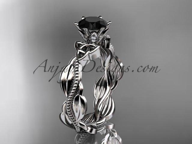 platinum diamond celtic trinity knot wedding ring, engagement ring with a Black Diamond center stone CT7258 - AnjaysDesigns