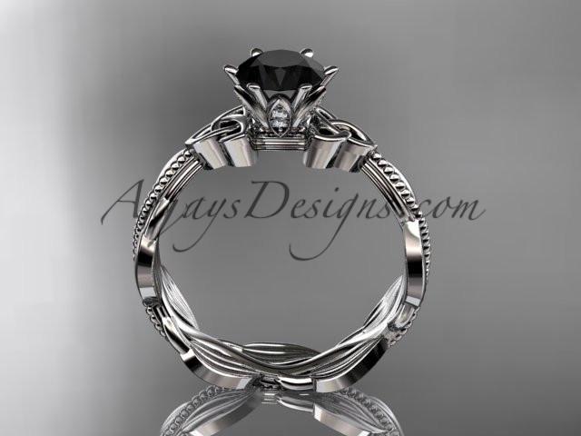 platinum diamond celtic trinity knot wedding ring, engagement ring with a Black Diamond center stone CT7258 - AnjaysDesigns