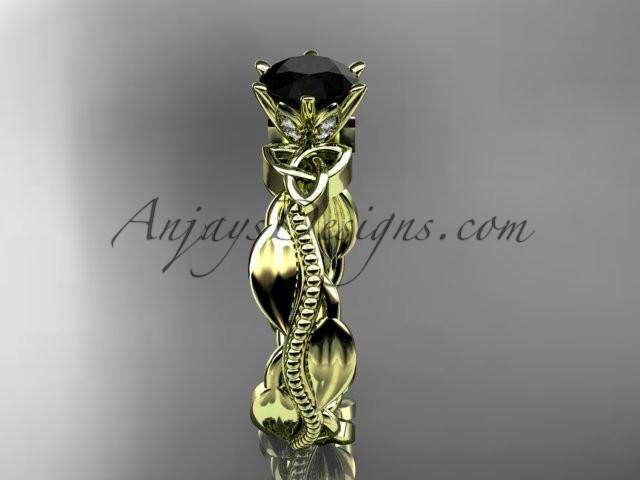14kt yellow gold diamond celtic trinity knot wedding ring, engagement ring with a Black Diamond center stone CT7258 - AnjaysDesigns