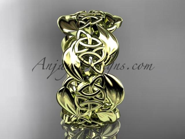 14kt yellow gold leaf and celtic trinity knot wedding band, engagement ring CT7262G - AnjaysDesigns
