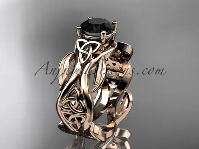 14kt rose gold celtic trinity knot wedding ring, engagement ring with a Black Diamond center stone CT7264 - AnjaysDesigns