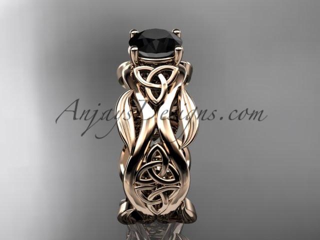 14kt rose gold celtic trinity knot wedding ring, engagement ring with a Black Diamond center stone CT7264 - AnjaysDesigns