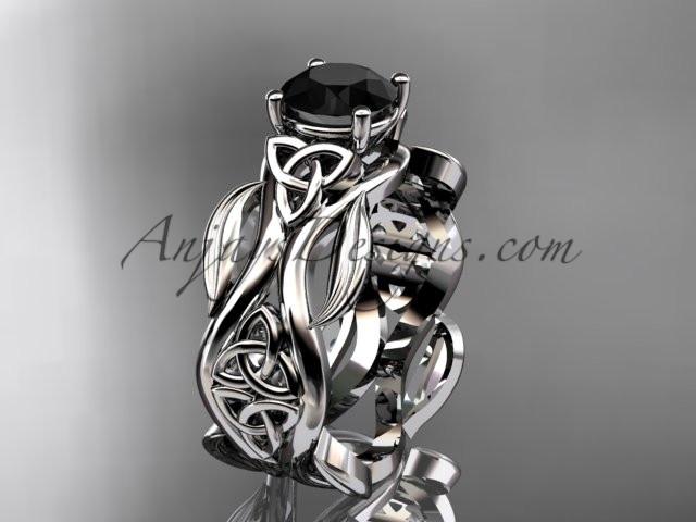 platinum celtic trinity knot wedding ring, engagement ring with a Black Diamond center stone CT7264 - AnjaysDesigns