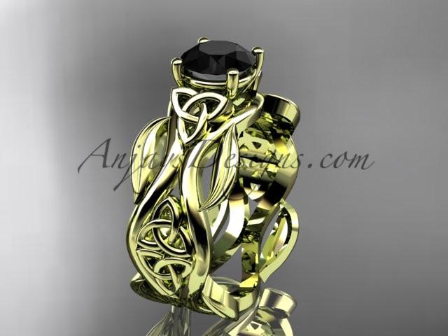 14kt yellow gold celtic trinity knot wedding ring, engagement ring with a Black Diamond center stone CT7264 - AnjaysDesigns