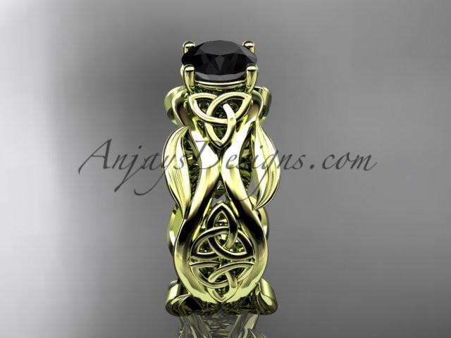 14kt yellow gold celtic trinity knot wedding ring, engagement ring with a Black Diamond center stone CT7264 - AnjaysDesigns