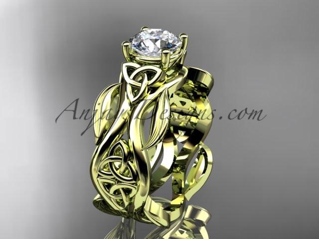 14kt yellow gold celtic trinity knot wedding ring, engagement ring with a "Forever One" Moissanite center stone CT7264 - AnjaysDesigns