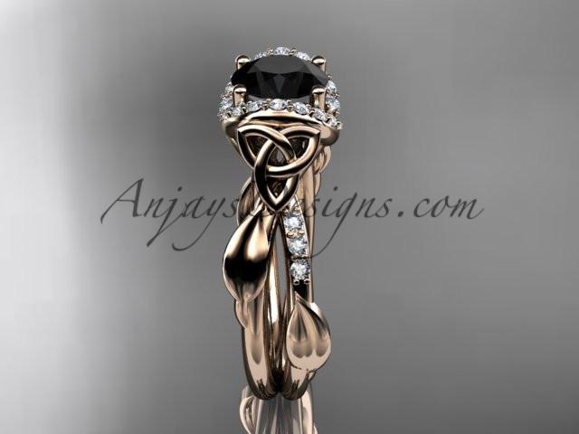 14kt rose gold diamond celtic trinity knot wedding ring, engagement ring with a Black Diamond center stone CT7274 - AnjaysDesigns