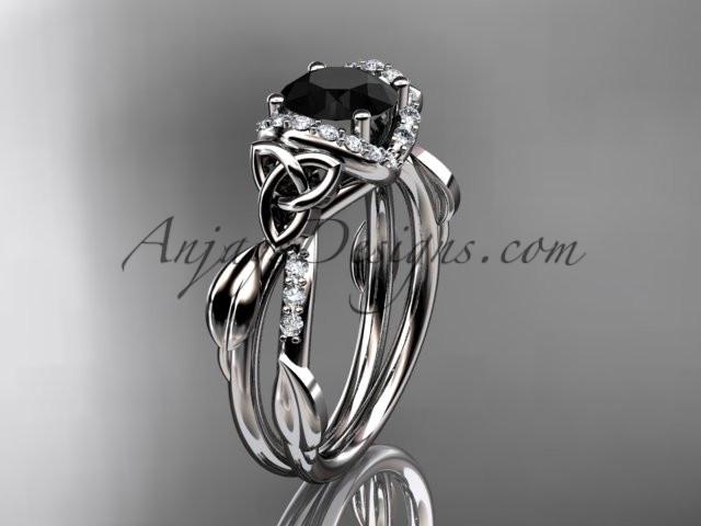 platinum diamond celtic trinity knot wedding ring, engagement ring with a Black Diamond center stone CT7274 - AnjaysDesigns