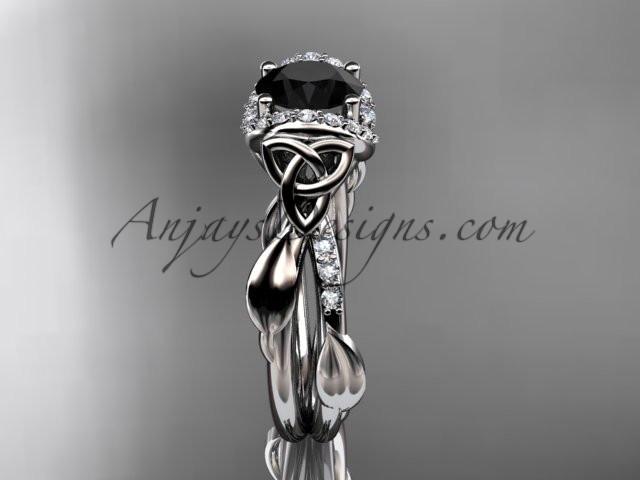 14kt white gold diamond celtic trinity knot wedding ring, engagement ring with a Black Diamond center stone CT7274 - AnjaysDesigns