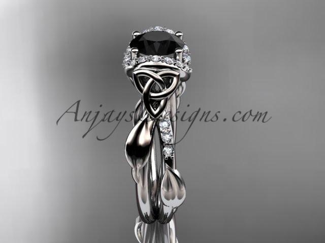 platinum diamond celtic trinity knot wedding ring, engagement ring with a Black Diamond center stone CT7274 - AnjaysDesigns