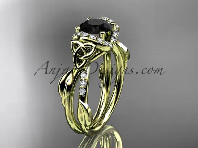 14kt yellow gold diamond celtic trinity knot wedding ring, engagement ring with a Black Diamond center stone CT7274 - AnjaysDesigns