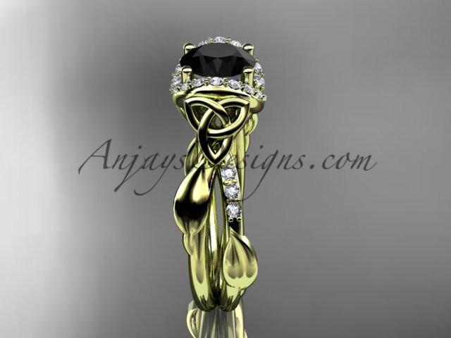 14kt yellow gold diamond celtic trinity knot wedding ring, engagement ring with a Black Diamond center stone CT7274 - AnjaysDesigns