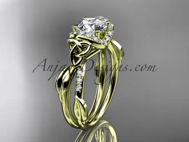 14kt yellow gold diamond celtic trinity knot wedding ring, engagement ring with a "Forever One" Moissanite center stone CT7274 - AnjaysDesigns