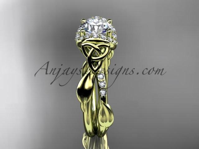 14kt yellow gold diamond celtic trinity knot wedding ring, engagement ring with a "Forever One" Moissanite center stone CT7274 - AnjaysDesigns