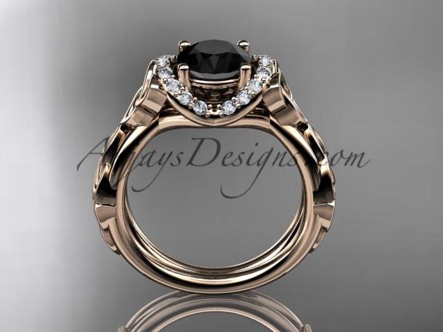 14kt rose gold diamond celtic trinity knot wedding ring, engagement ring with a Black Diamond center stone CT7289 - AnjaysDesigns