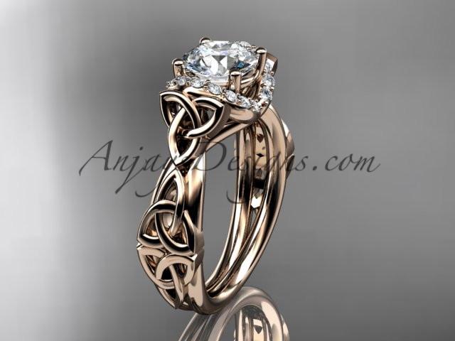 14kt rose gold diamond celtic trinity knot wedding ring, engagement ring with a "Forever One" Moissanite center stone CT7289 - AnjaysDesigns
