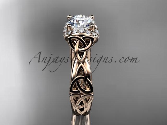 14kt rose gold diamond celtic trinity knot wedding ring, engagement ring with a "Forever One" Moissanite center stone CT7289 - AnjaysDesigns