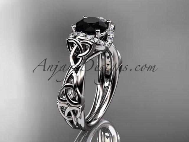 14kt white gold diamond celtic trinity knot wedding ring, engagement ring with a Black Diamond center stone CT7289 - AnjaysDesigns