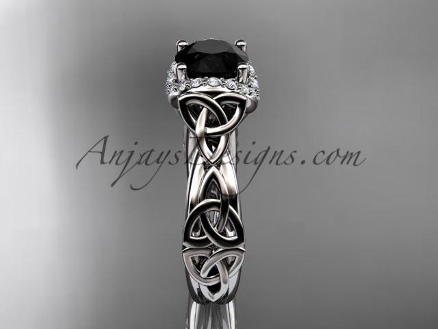 14kt white gold diamond celtic trinity knot wedding ring, engagement ring with a Black Diamond center stone CT7289 - AnjaysDesigns