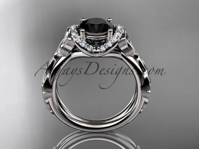 14kt white gold diamond celtic trinity knot wedding ring, engagement ring with a Black Diamond center stone CT7289 - AnjaysDesigns