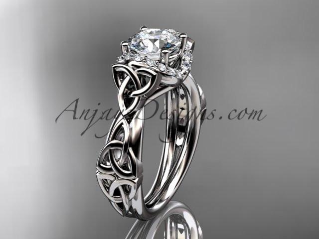 platinum diamond celtic trinity knot wedding ring, engagement ring with a "Forever One" Moissanite center stone CT7289 - AnjaysDesigns