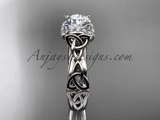 14kt white gold diamond celtic trinity knot wedding ring, engagement ring with a "Forever One" Moissanite center stone CT7289 - AnjaysDesigns