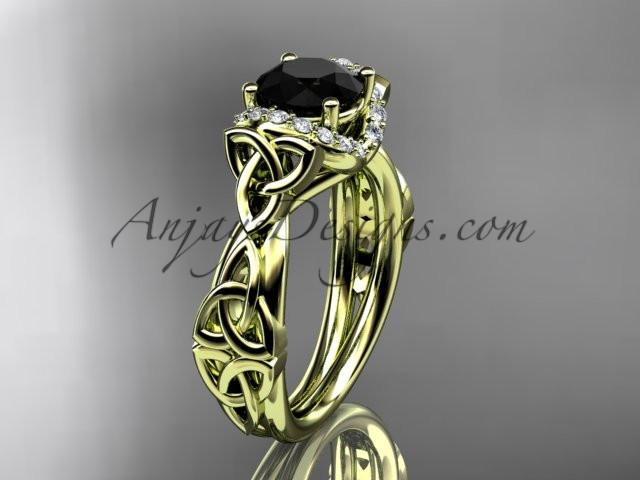 14kt yellow gold diamond celtic trinity knot wedding ring, engagement ring with a Black Diamond center stone CT7289 - AnjaysDesigns