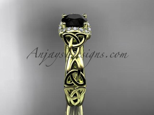 14kt yellow gold diamond celtic trinity knot wedding ring, engagement ring with a Black Diamond center stone CT7289 - AnjaysDesigns