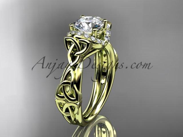 14kt yellow gold diamond celtic trinity knot wedding ring, engagement ring with a "Forever One" Moissanite center stone CT7289 - AnjaysDesigns