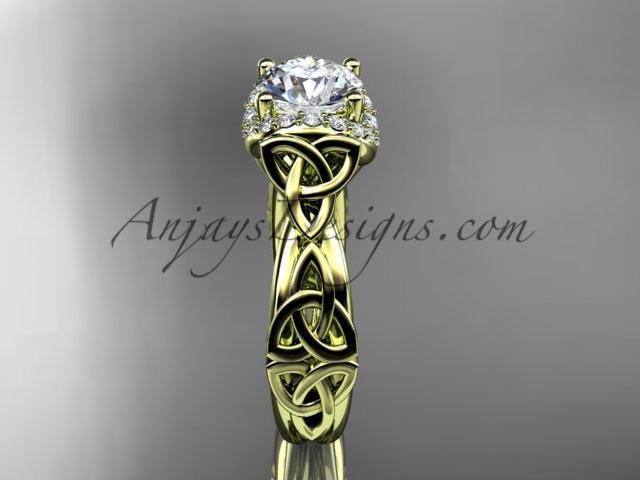 14kt yellow gold diamond celtic trinity knot wedding ring, engagement ring with a "Forever One" Moissanite center stone CT7289 - AnjaysDesigns