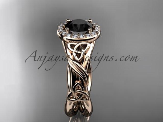 14kt rose gold diamond celtic trinity knot wedding ring, engagement ring with a Black Diamond center stone CT7302 - AnjaysDesigns