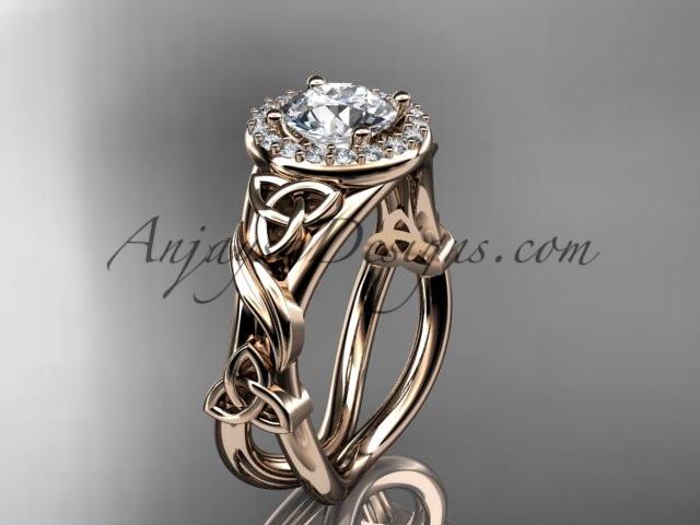 14kt rose gold diamond celtic trinity knot wedding ring, engagement ring with a "Forever One" Moissanite center stone CT7302 - AnjaysDesigns