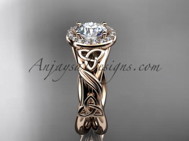 14kt rose gold diamond celtic trinity knot wedding ring, engagement ring with a "Forever One" Moissanite center stone CT7302 - AnjaysDesigns