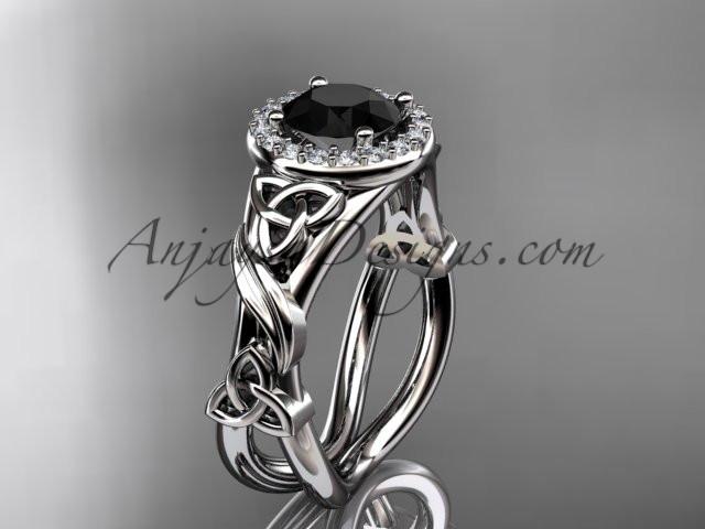 14kt white gold diamond celtic trinity knot wedding ring, engagement ring with a Black Diamond center stone CT7302 - AnjaysDesigns